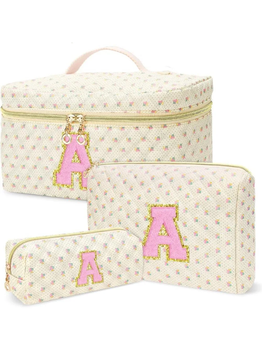 3 PCS Personalized Travel Makeup Bag Set - Quilted Cosmetic Organizer & Toiletry